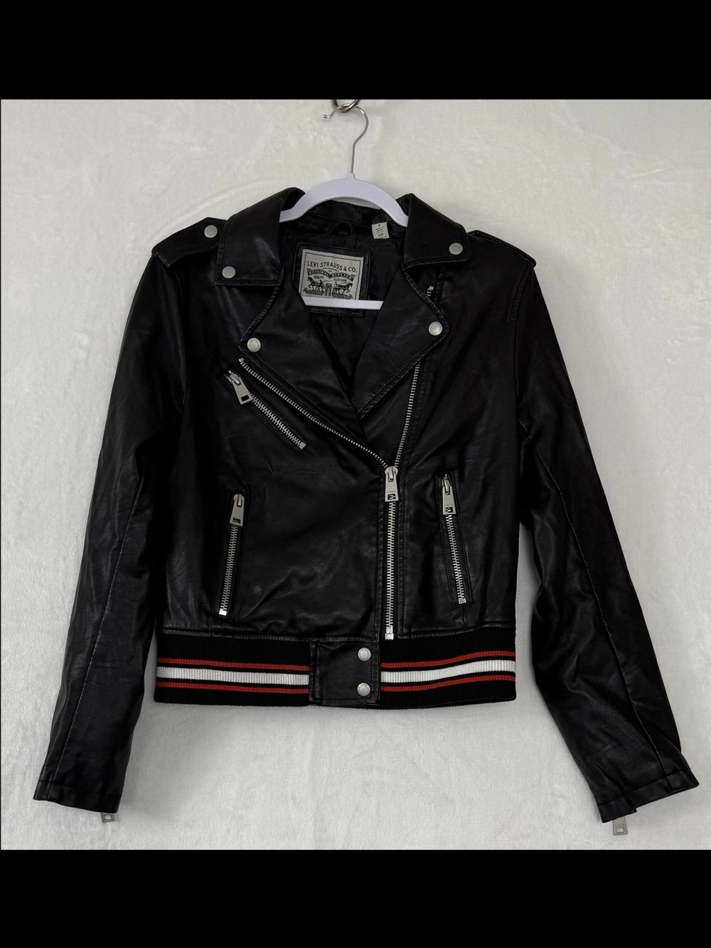 Levi's Black Faux Leather Moto Jacket with Red & White Striped Ribbed Hem